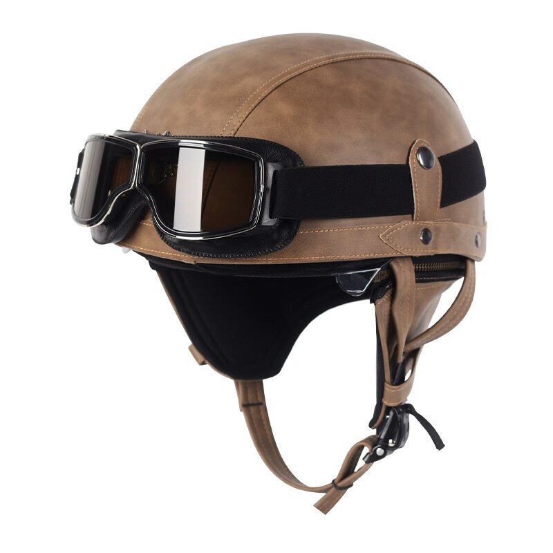 AeroGuard Vintage Moto Helmet | DOT Certified with Retractable Brown Lens & UV Protection 1