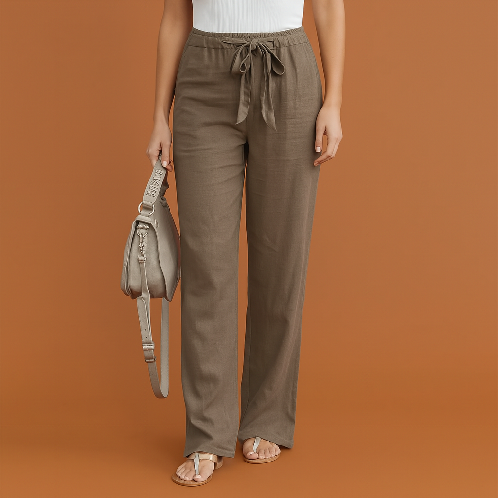 Dame Bukser Beige Størrelse L Polyester Lige Snit med Elastisk Linning 0