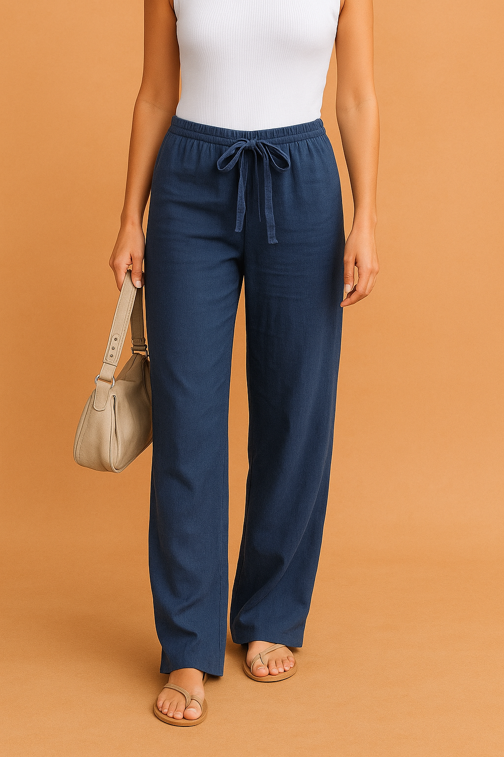 Dame Bukser Beige Størrelse L Polyester Lige Snit med Elastisk Linning 1