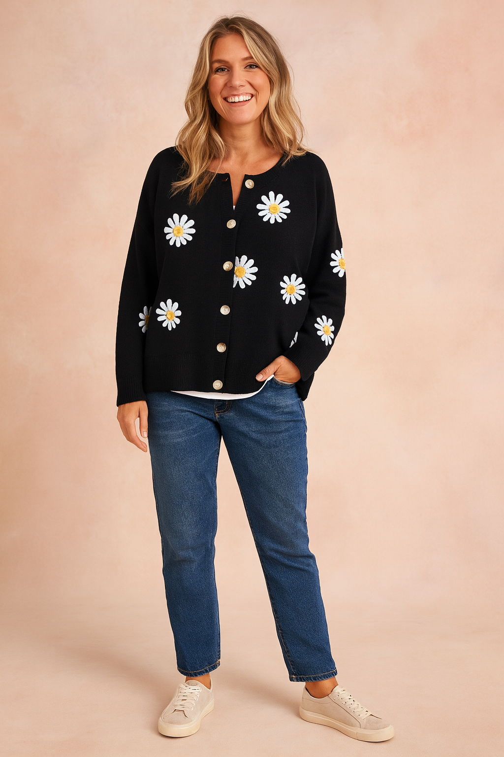 Dame Cardigan Multifarvet Størrelse M Blødt Stof Blomstermønster 2