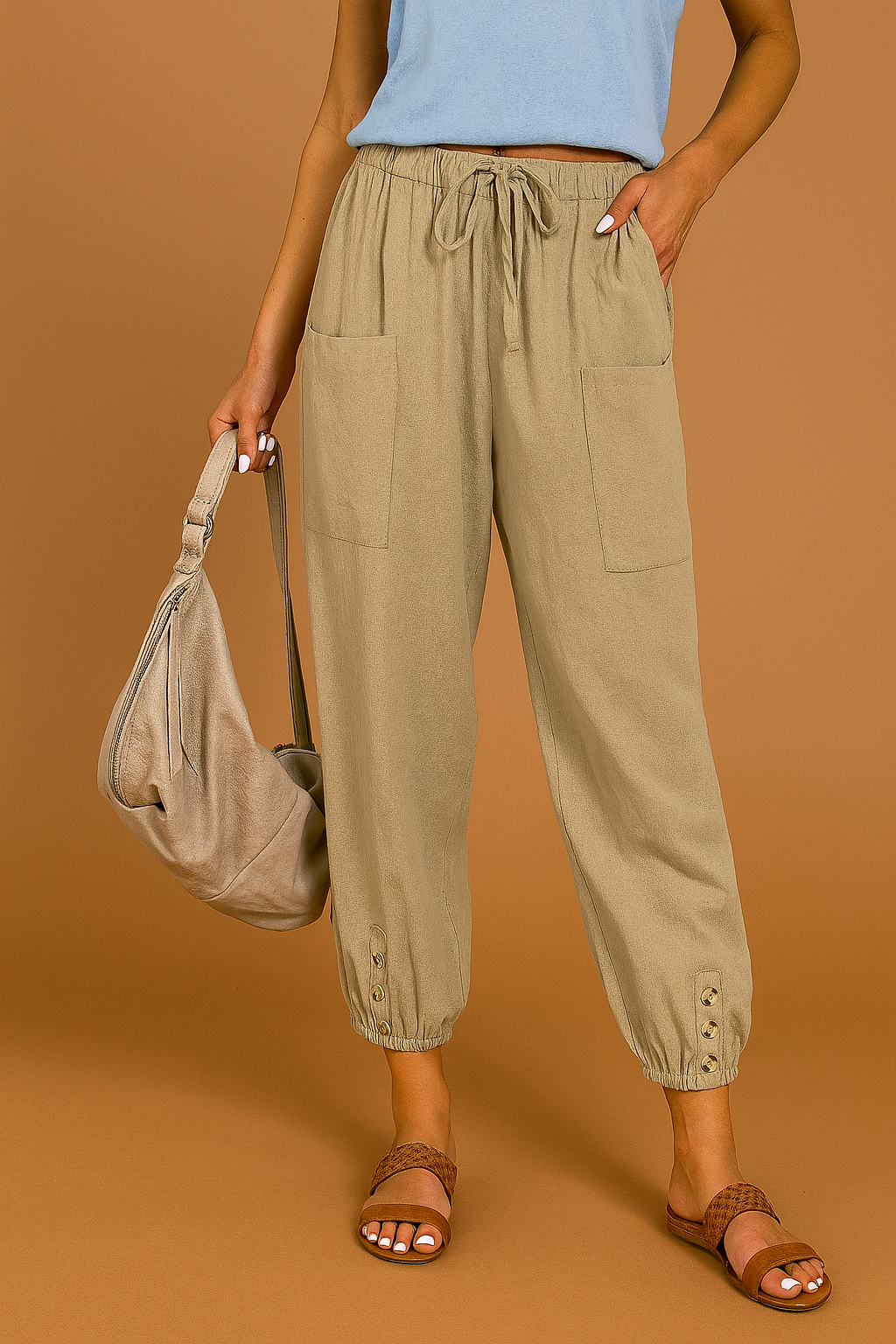 Dame Joggerbukser Sort Størrelse M Polyester med Elastisk Talje og Knapdetaljer 0