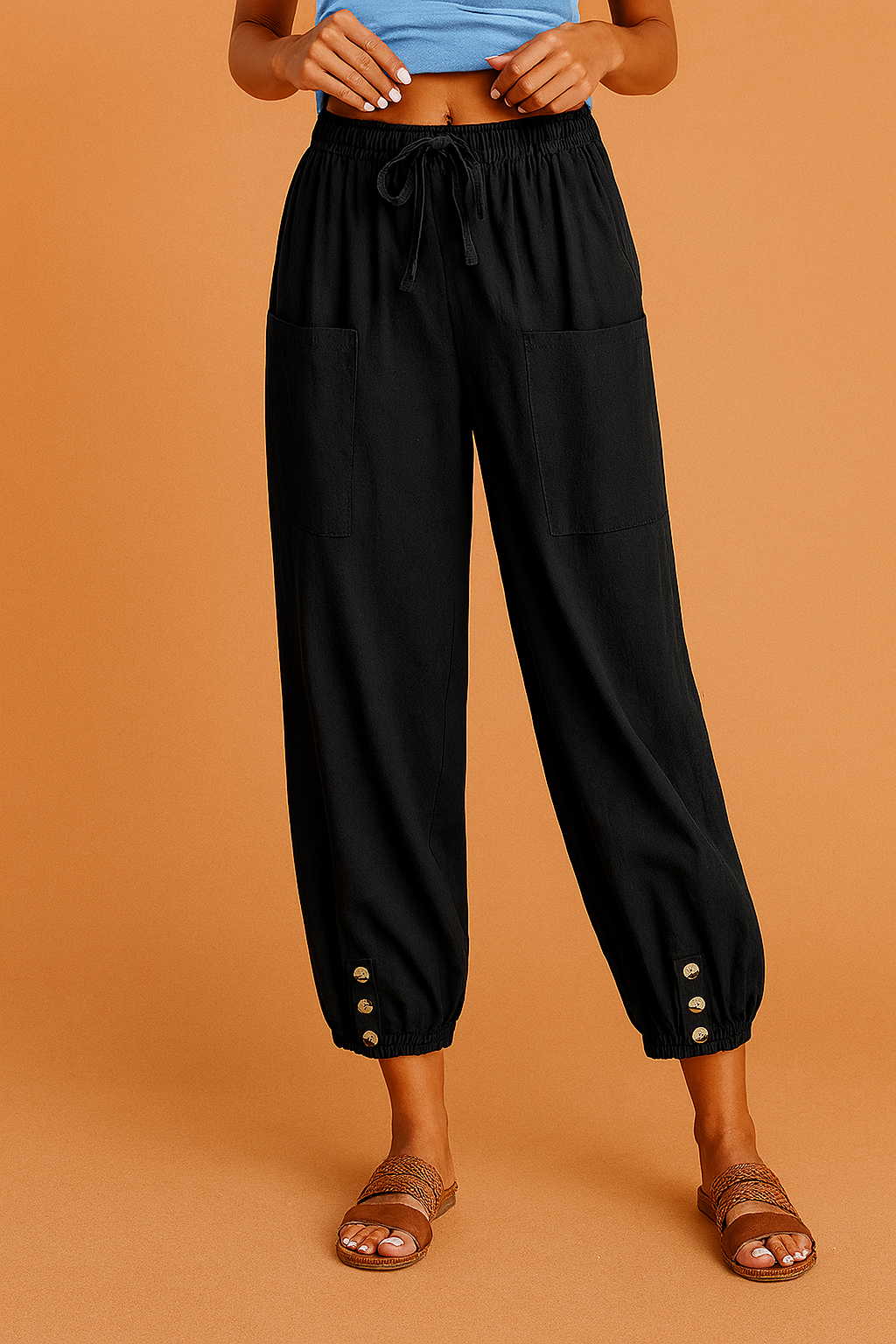 Dame Joggerbukser Sort Størrelse M Polyester med Elastisk Talje og Knapdetaljer 1