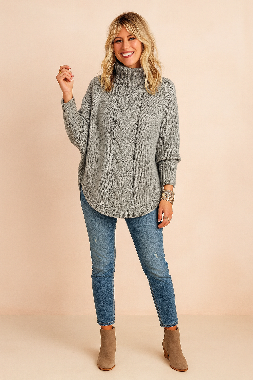 Dame Striktrøje Højhalset Grå Størrelse M Akryl Oversize 1